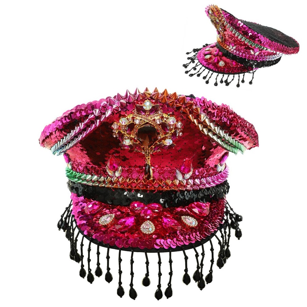 Nu Shuz Festival Vibrant Fuchsia Sequin Hat Beaded Black Bang Fringe - Picture 3 of 4